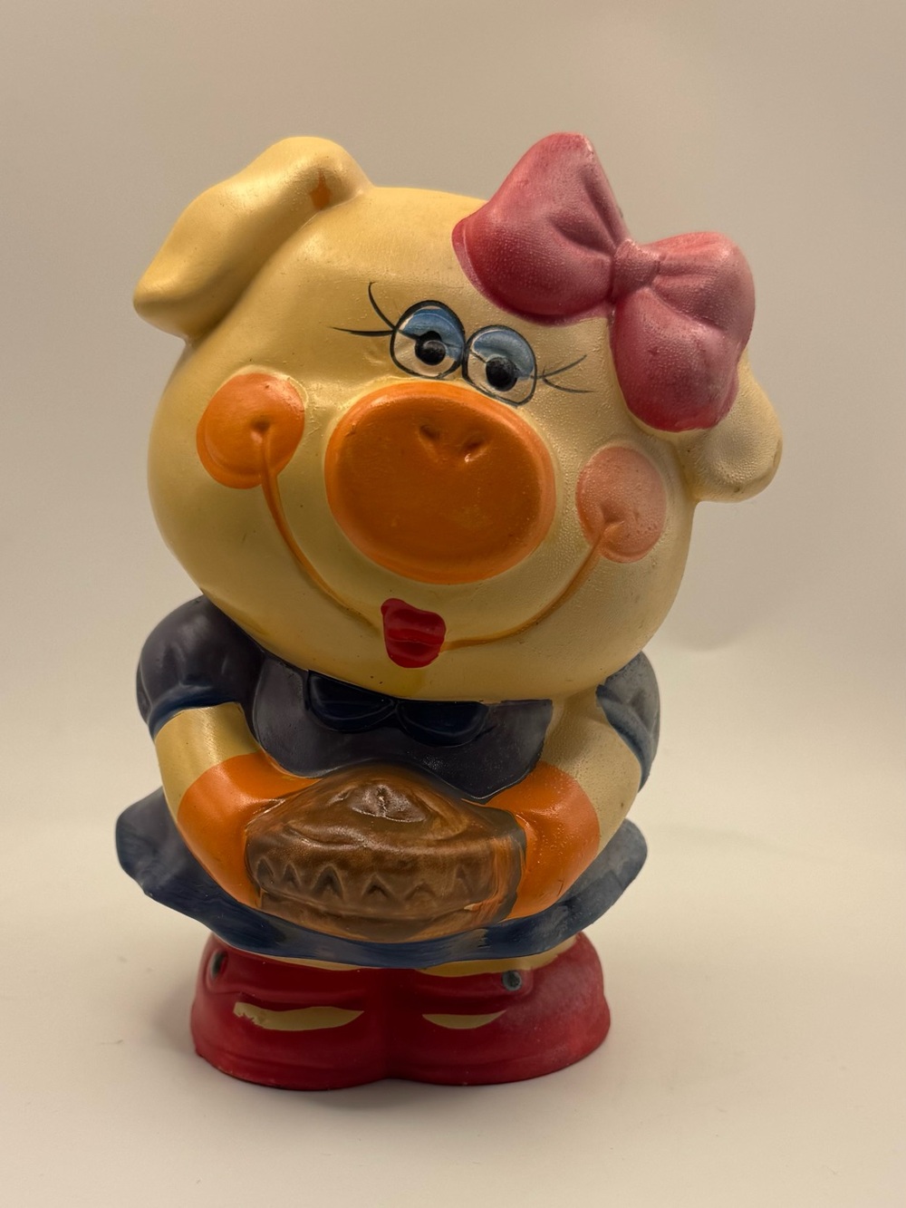 Vintage Piggy Bank Pig Farmer Girl Bow Halloween Fall Figurine Bank